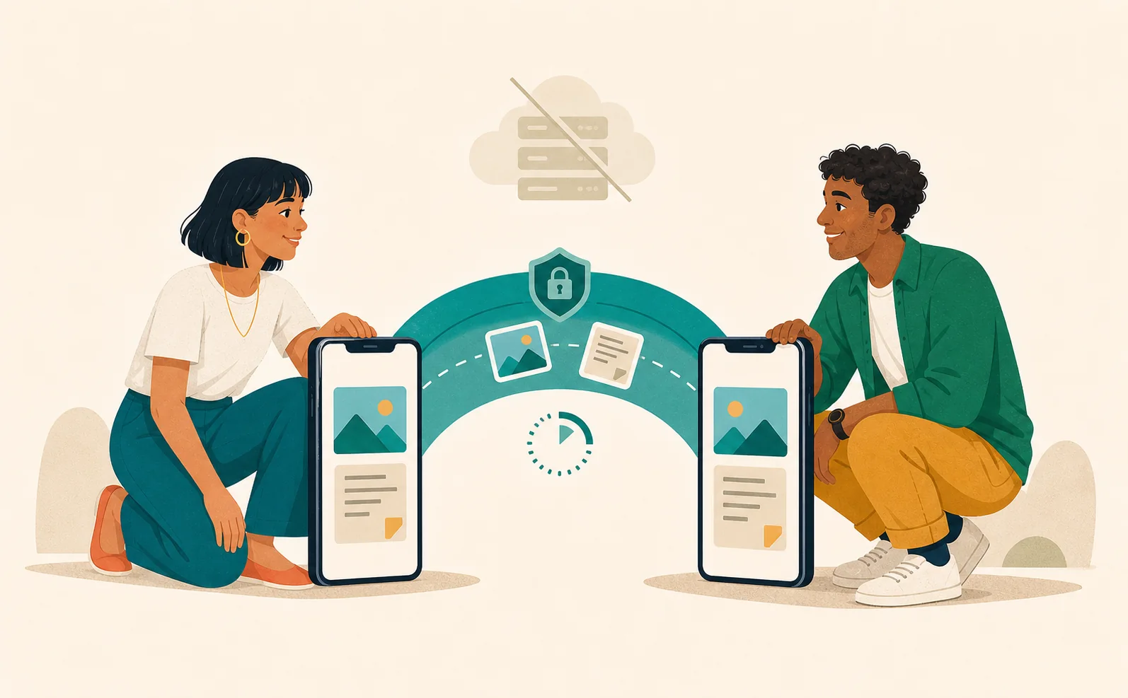 Two people send a secured safe directly between their phones