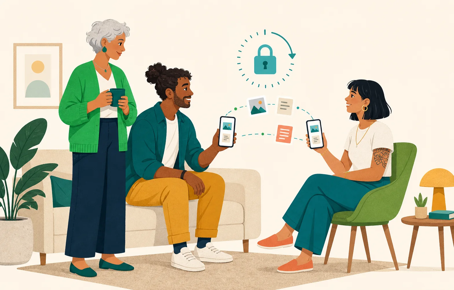 Three people securely share important files between two phones